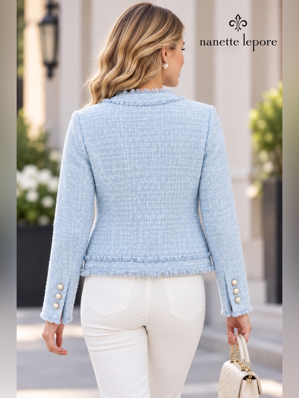 NWT Nanette Lepore Light Blue Tweed
Fringe Jacket Pearl Buttons. - Picture 10 of 10
